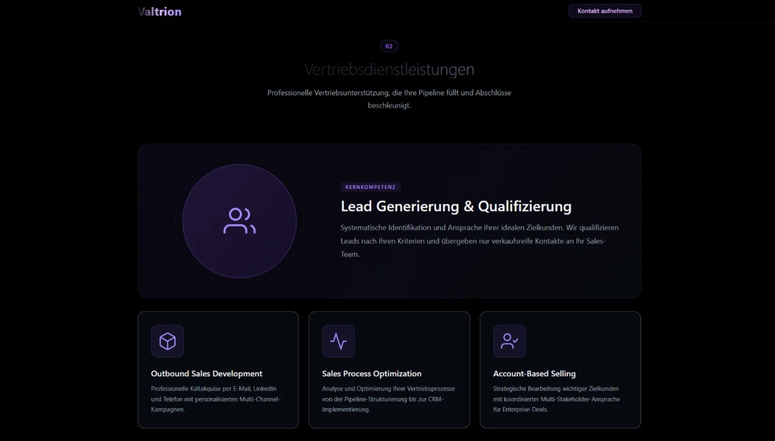 Valtrion Desktop-Ansicht mit vollständiger Navigation